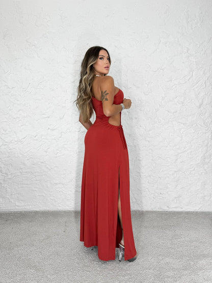 Vestido Longo Liso Fenda Ombro Só Moda Blogueira