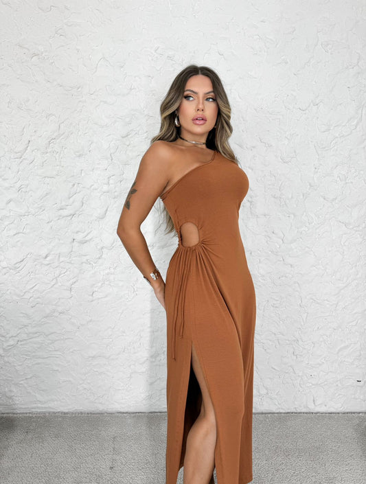 Vestido Longo Liso Fenda Ombro Só Moda Blogueira