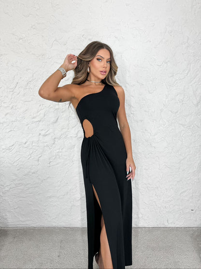 Vestido Longo Liso Fenda Ombro Só Moda Blogueira