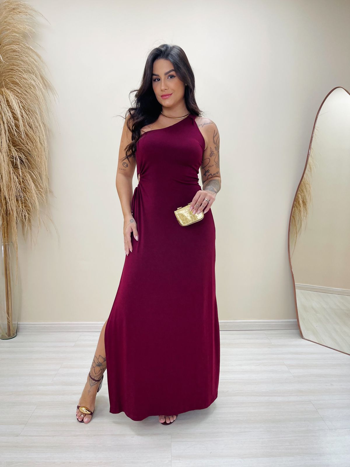 Vestido Longo Liso Fenda Ombro Só Moda Blogueira