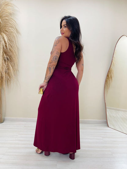 Vestido Longo Liso Fenda Ombro Só Moda Blogueira