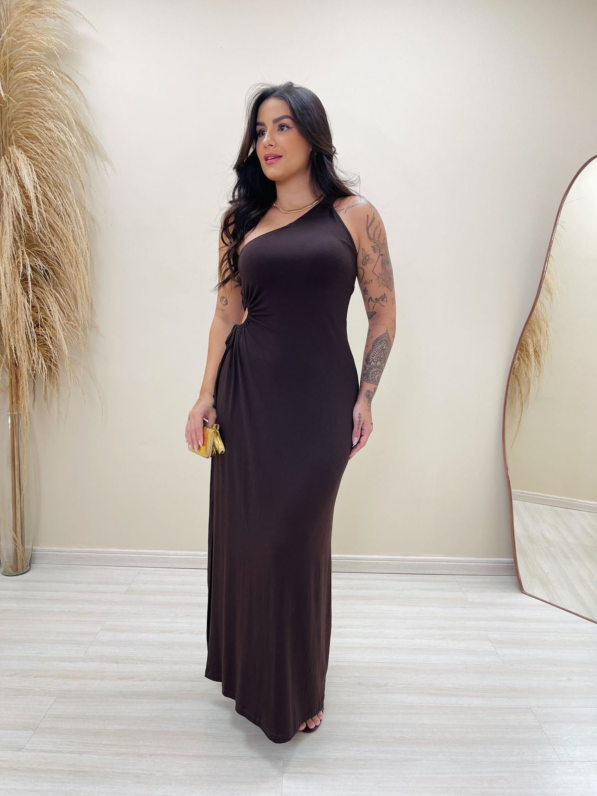 Vestido Longo Liso Fenda Ombro Só Moda Blogueira