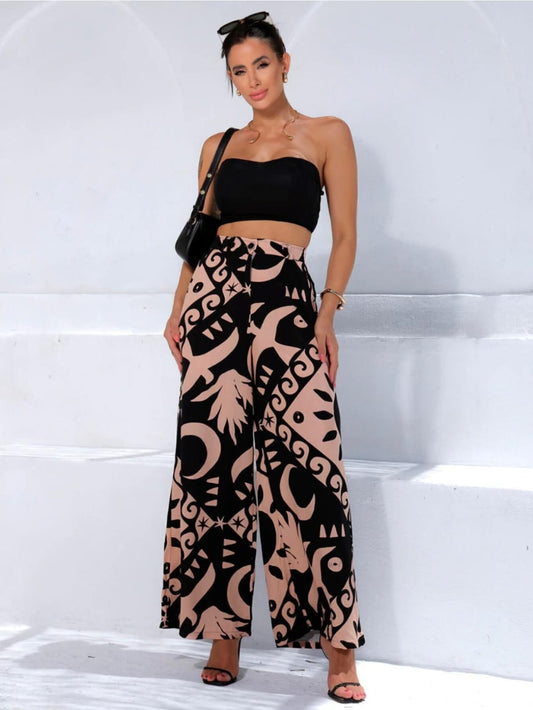 Conjunto Pantalona e Cropped em Viscolinho Estampado