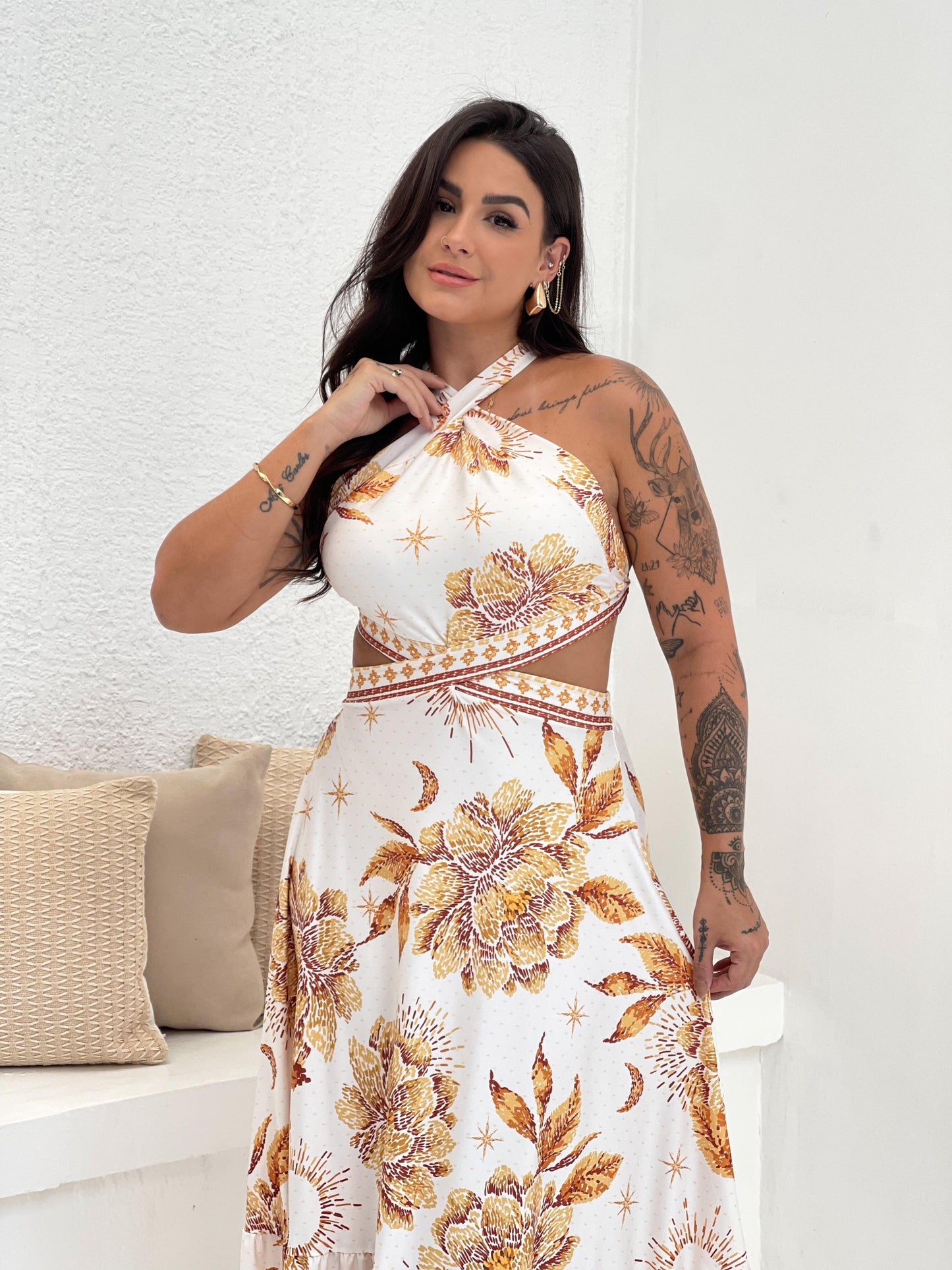 Vestido Longo Gabriela Jardim Dourado