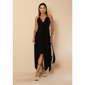 Vestido Feminino Liso Assimétrico Pontas Alongadas Decote V Elegante