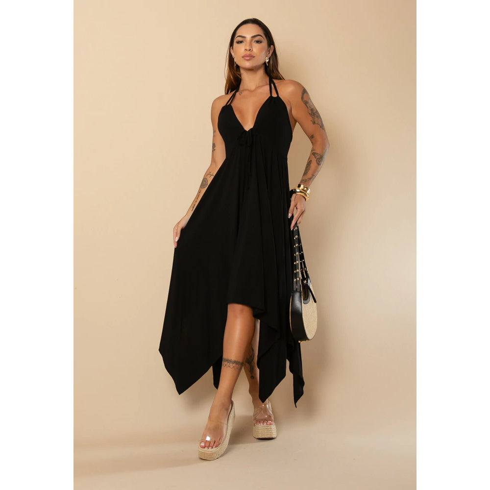 Vestido Feminino Liso Assimétrico Pontas Alongadas Decote V Elegante