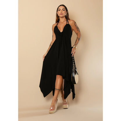 Vestido Feminino Liso Assimétrico Pontas Alongadas Decote V Elegante