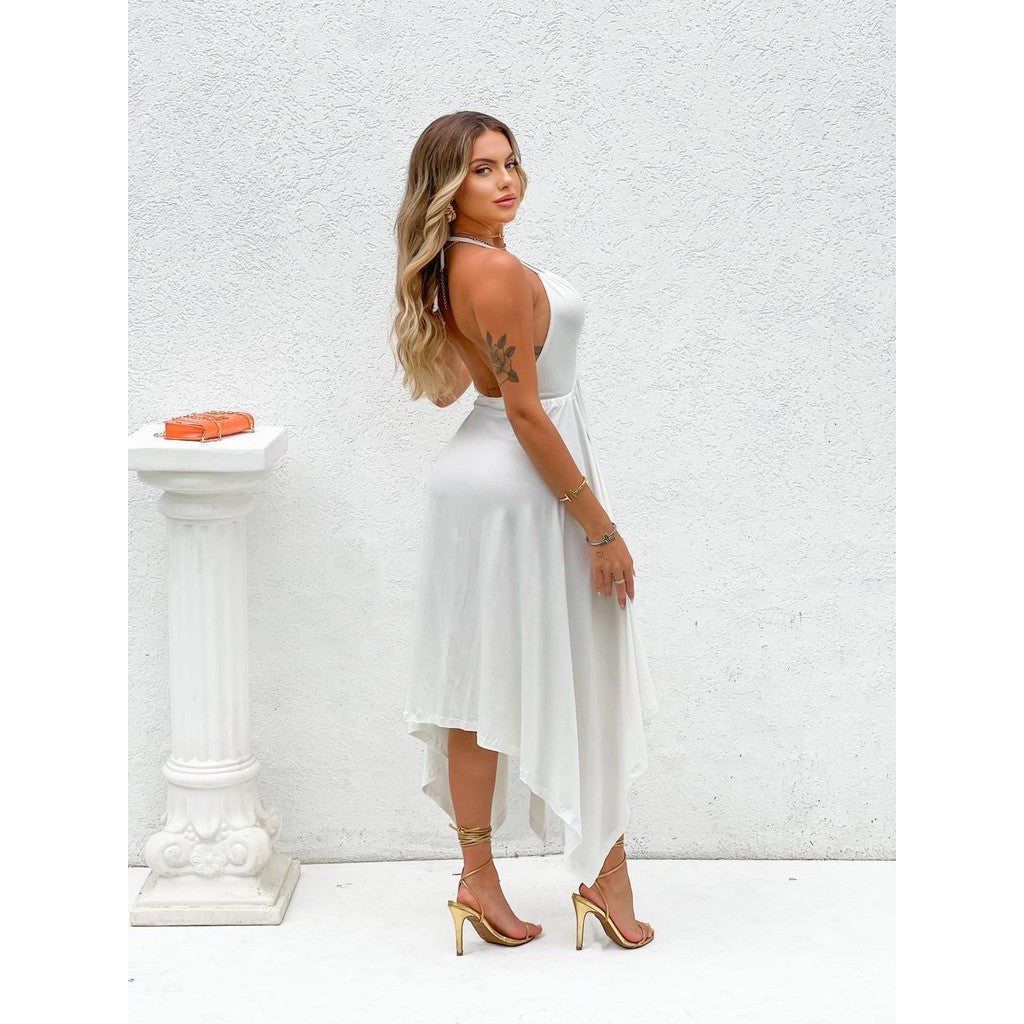 Vestido Feminino Liso Assimétrico Pontas Alongadas Decote V Elegante