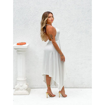 Vestido Feminino Liso Assimétrico Pontas Alongadas Decote V Elegante