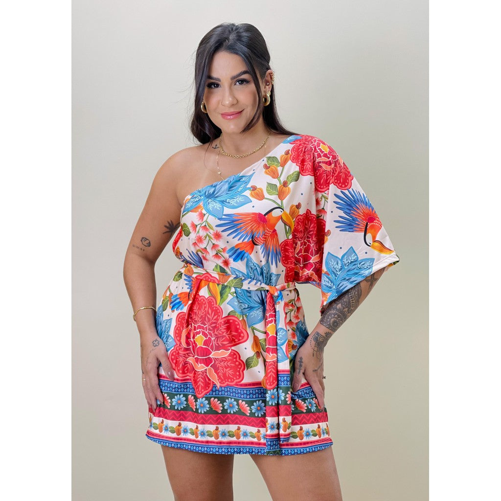 Vestido Feminino Curto Assimetrico Ombro Só Estampado Estilo Farm Araras Tropicais