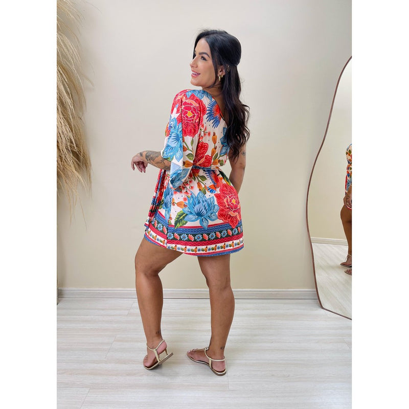 Vestido Feminino Curto Assimetrico Ombro Só Estampado Estilo Farm Araras Tropicais