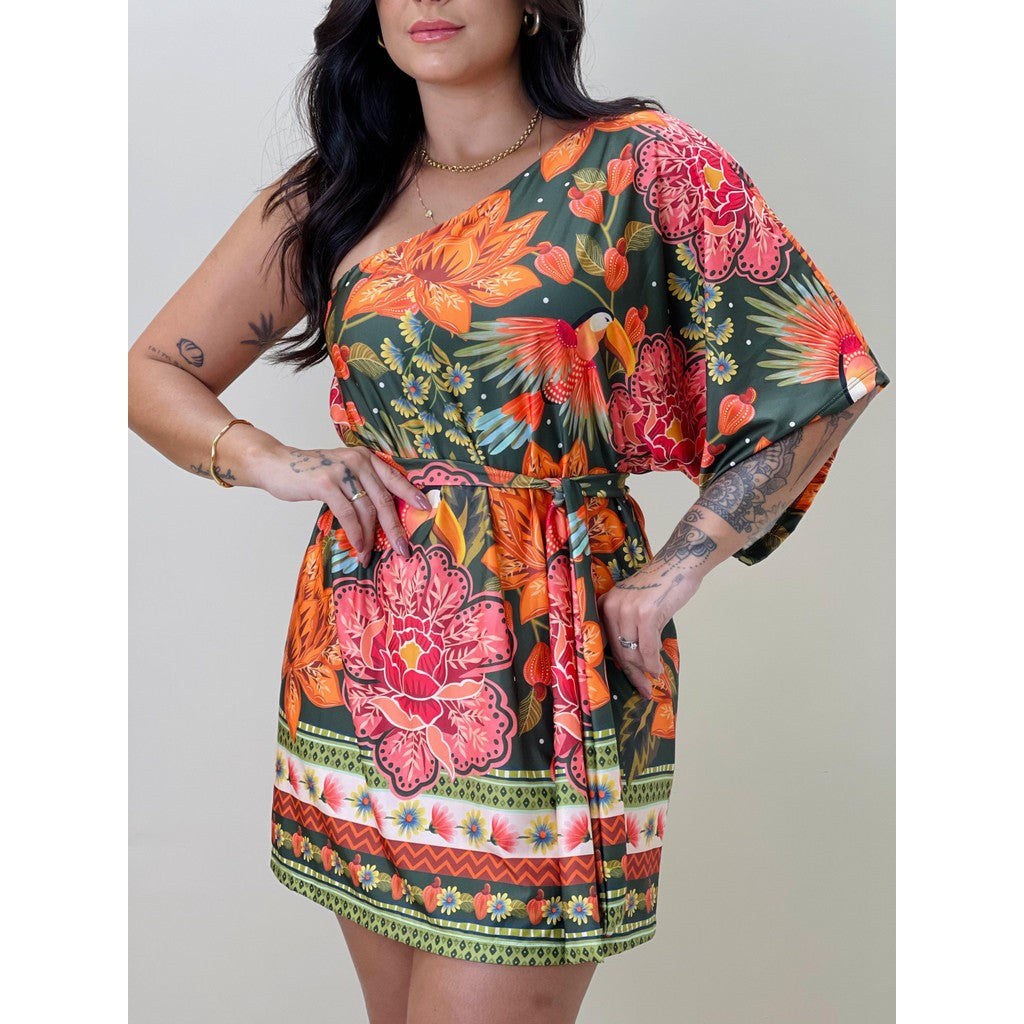 Vestido Feminino Curto Assimetrico Ombro Só Estampado Estilo Farm Jardim Botânico