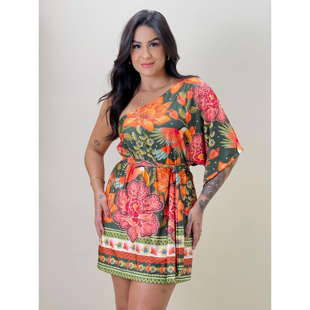 Vestido Feminino Curto Assimetrico Ombro Só Estampado Estilo Farm Jardim Botânico