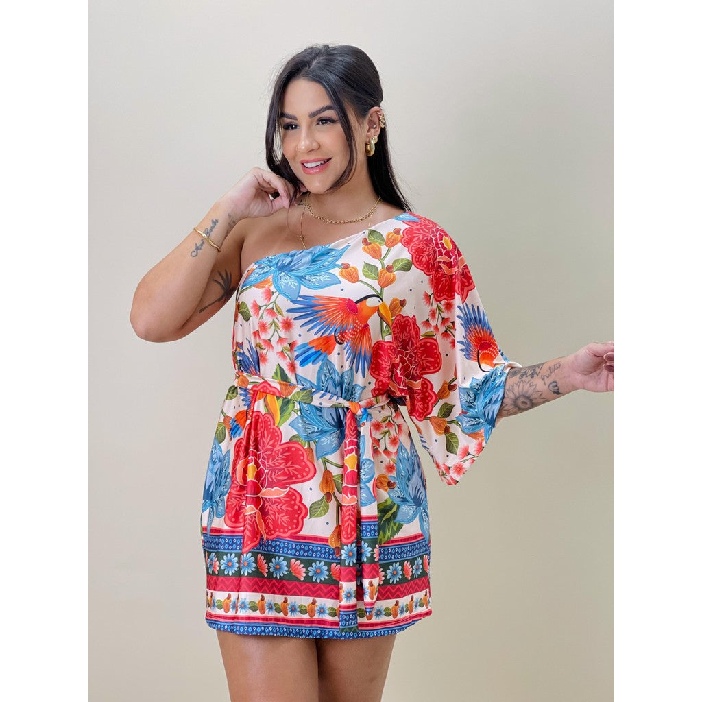 Vestido Feminino Curto Assimetrico Ombro Só Estampado Estilo Farm Araras Tropicais