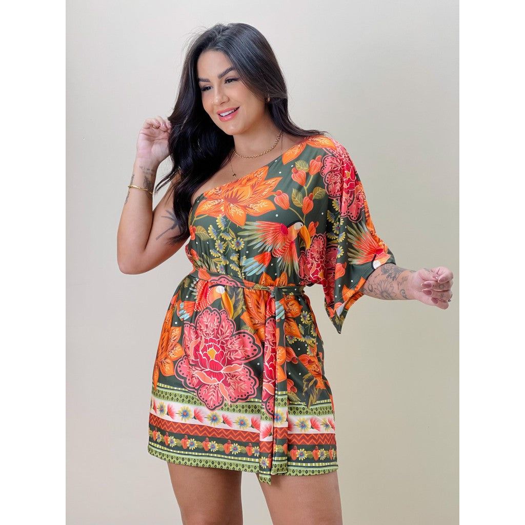 Vestido Feminino Curto Assimetrico Ombro Só Estampado Estilo Farm Jardim Botânico